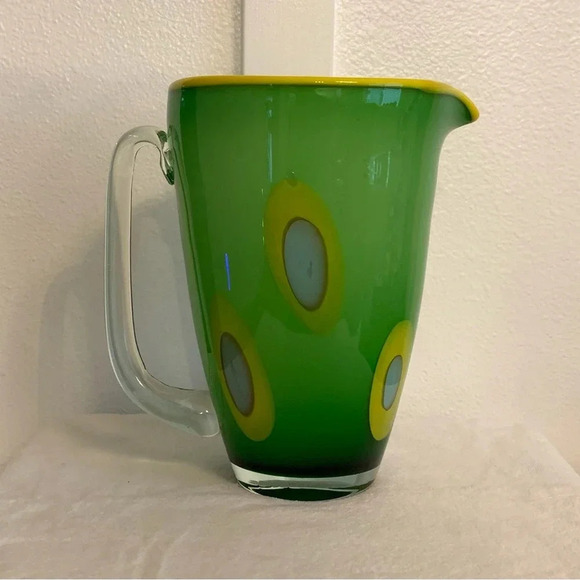 Vintage Green Yellow Glass Pitcher MCM Art Deco 9” Tall - Picture 1 of 14